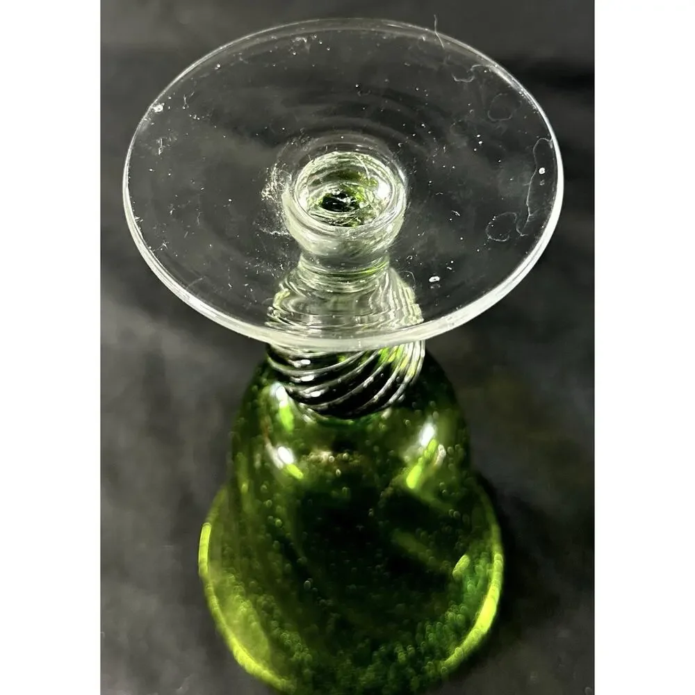 Hand Blown Art Glass Goblet Green Bubble Bowl Clear Twisted Stem 7.5”